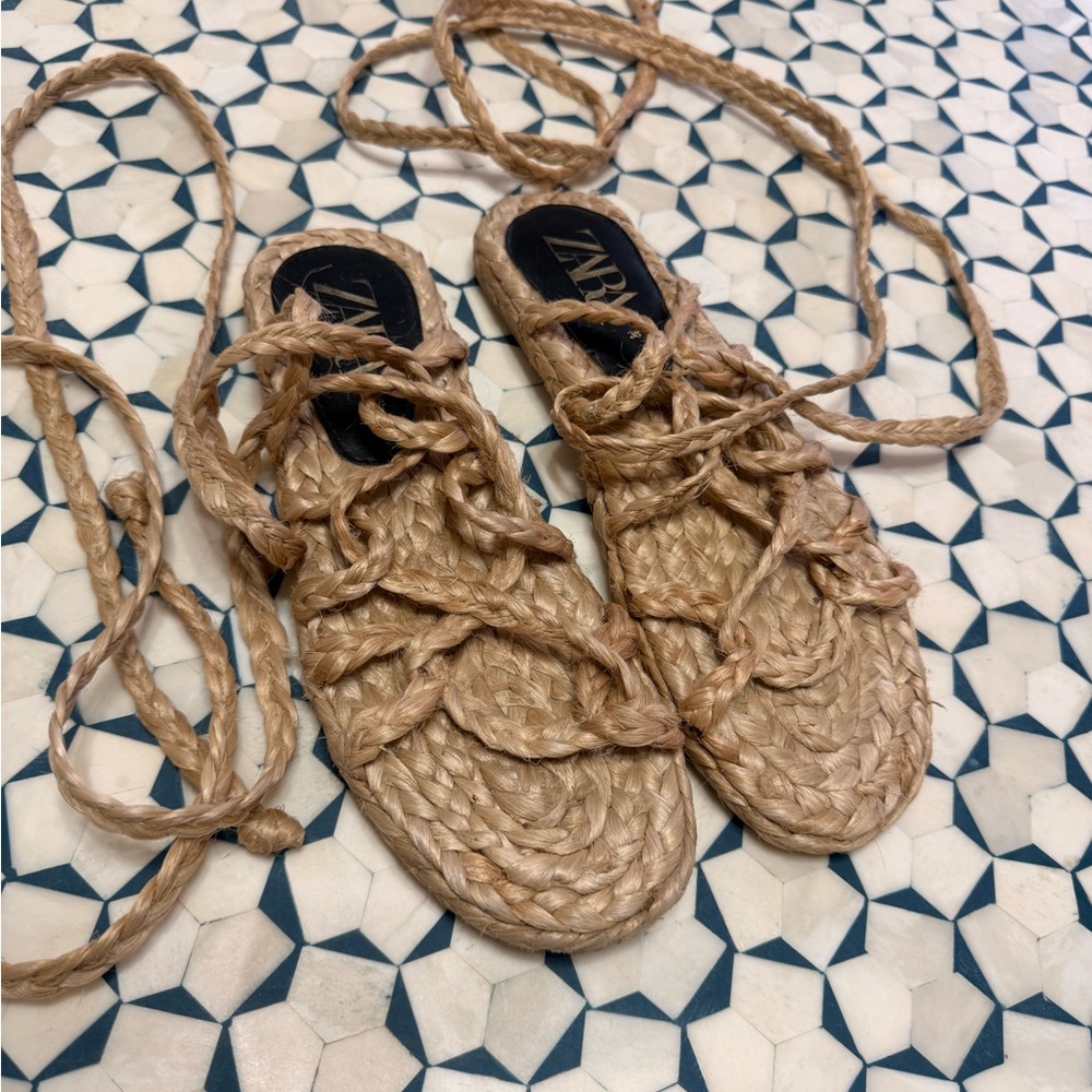 Zara Women's Natural Braided lace up Espadrille Sandals rope material